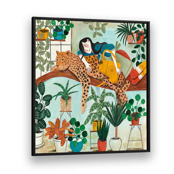 Leopard and Gardening By Caroline Bonne Muller Woman Illustration Paintings in Black Plain Frame