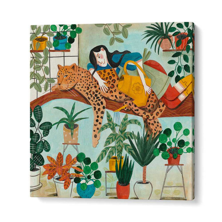 Leopard and Gardening By Caroline Bonne Muller Woman Illustration Paintings in Gallery Wrap