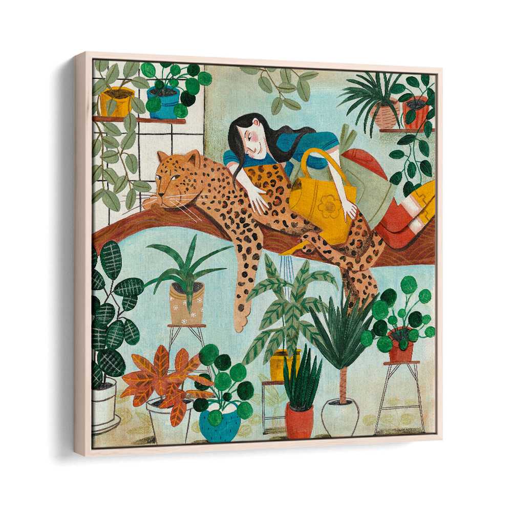 Leopard and Gardening By Caroline Bonne Muller Woman Illustration Paintings in Oak Wood Floater Frame