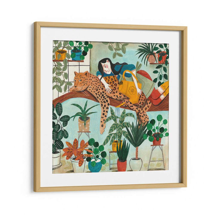 Leopard and Gardening By Caroline Bonne Muller Woman Illustration Paintings in Oak Wood Frame With Mount