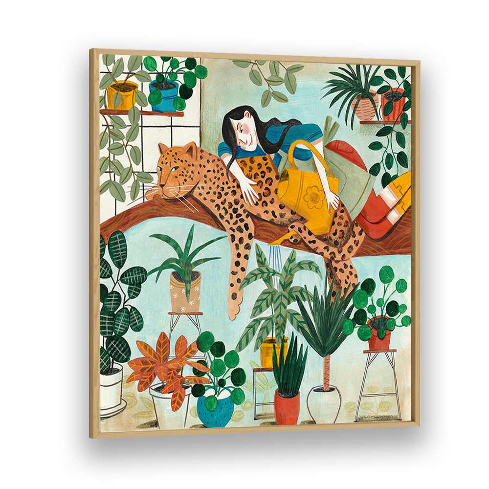 Leopard and Gardening By Caroline Bonne Muller Woman Illustration Paintings in Oak Wood Plain Frame