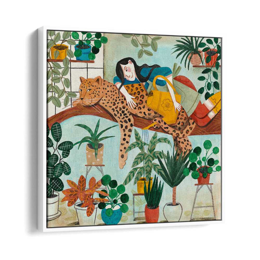 Leopard and Gardening By Caroline Bonne Muller Woman Illustration Paintings in White Floater Frame