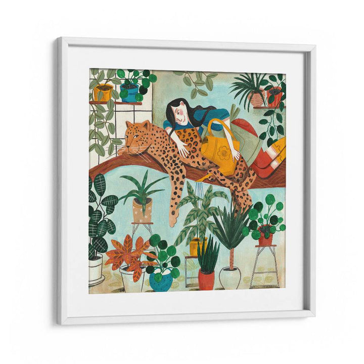 Leopard and Gardening By Caroline Bonne Muller Woman Illustration Paintings in White Frame With Mount