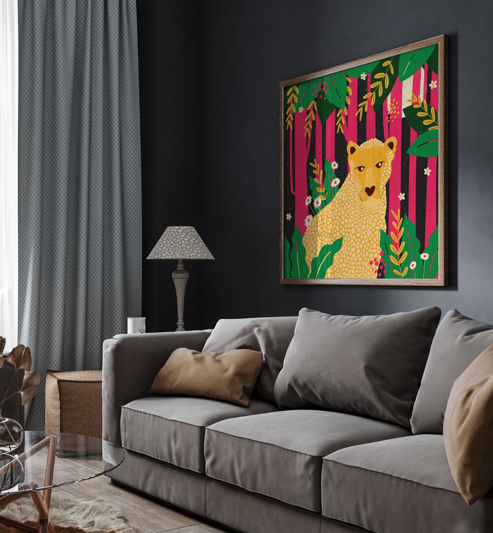 Leopard-animal Trilogy By Shriya Bhattacharya Kids Paintings in Oak Wood Plain Frame behind a sofa