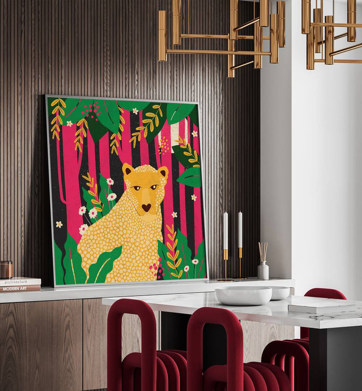 Leopard-animal Trilogy By Shriya Bhattacharya Kids Paintings in Black Plain Frame on a console table beside a dining table