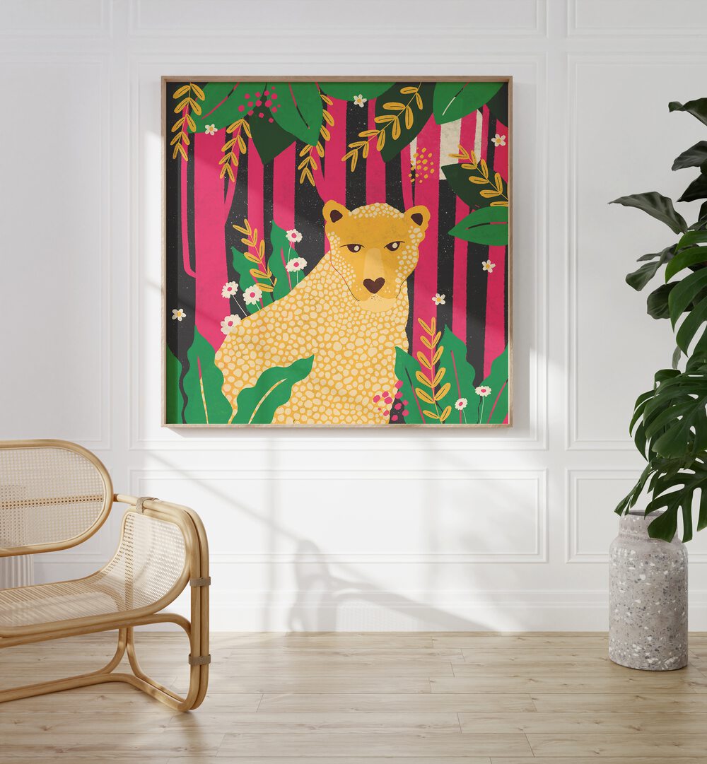 Leopard-animal Trilogy By Shriya Bhattacharya Kids Paintings in Oak Wood Plain Frame on a white wall beside a chair