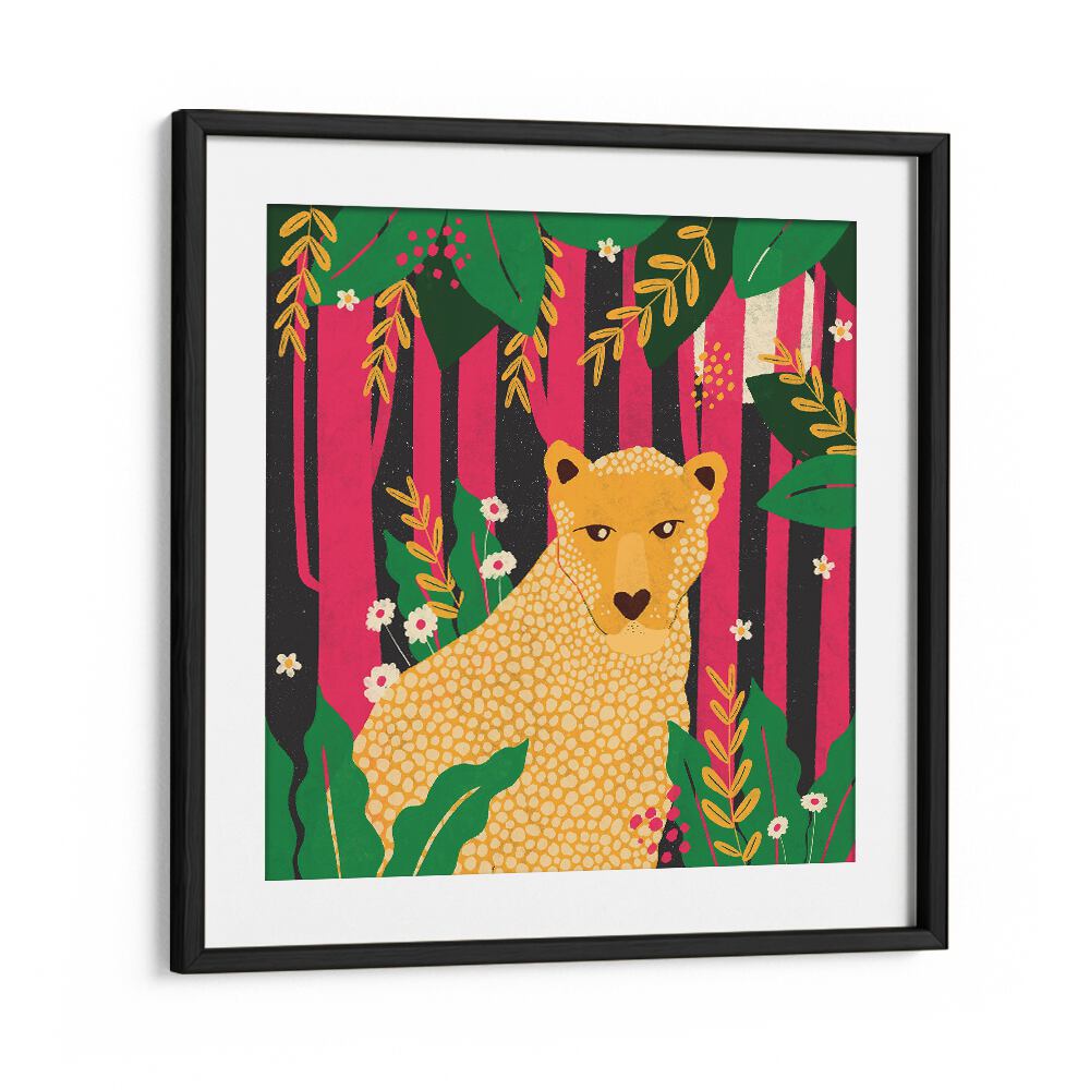 Leopard-animal Trilogy By Shriya Bhattacharya Kids Paintings in Black Frame With Mount