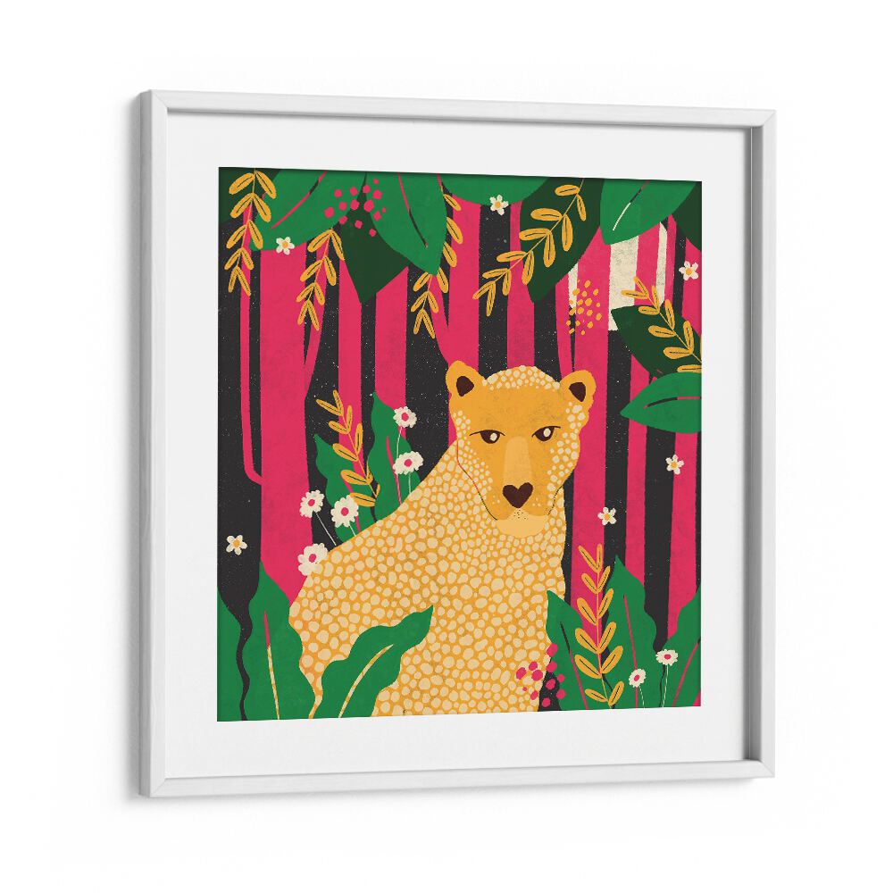 Leopard-animal Trilogy By Shriya Bhattacharya Kids Paintings in White Frame With Mount