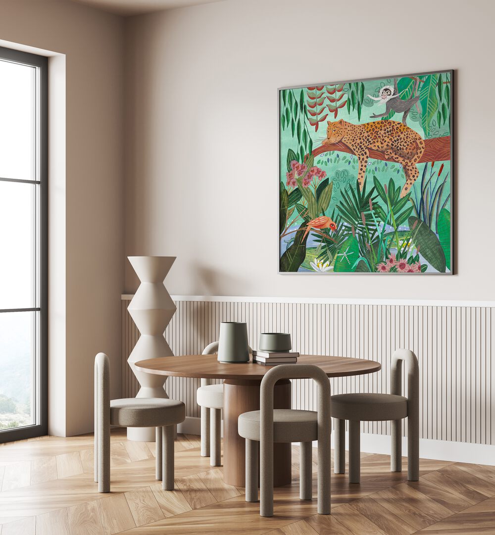 Leopard in the Jungle By Caroline Bonne Muller Wildlife Paintings in Black Plain Frame on a white wall behind a table for dining area