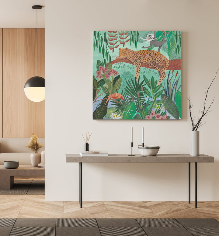 Leopard in the Jungle By Caroline Bonne Muller Wildlife Paintings in Gallery Wrap on a wall above a table