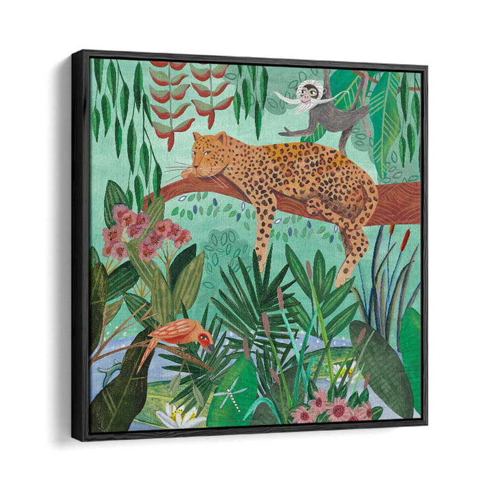 Leopard in the Jungle By Caroline Bonne Muller Wildlife Paintings in Black Floater Frame