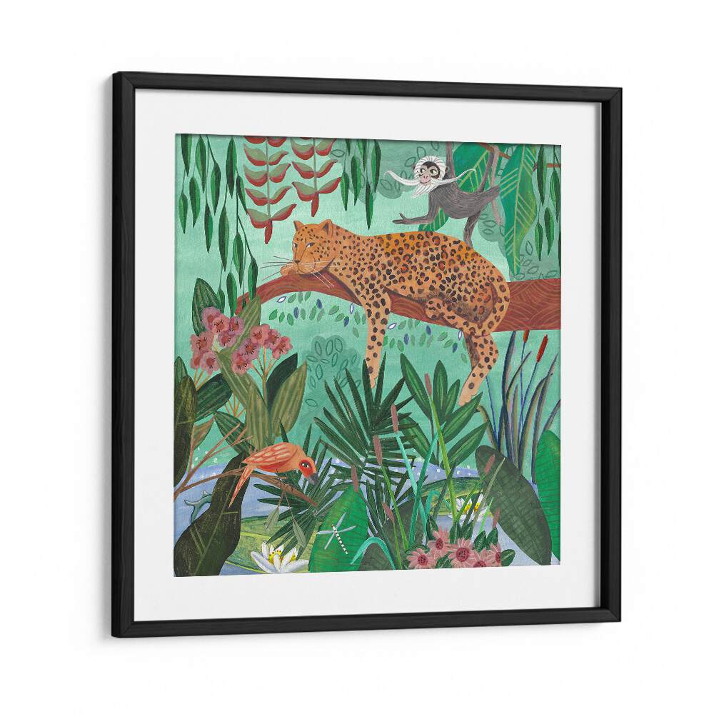 Leopard in the Jungle By Caroline Bonne Muller Wildlife Paintings in Black Frame With Mount