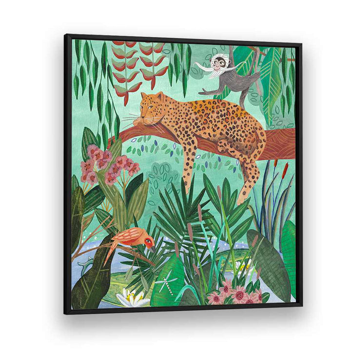 Leopard in the Jungle By Caroline Bonne Muller Wildlife Paintings in Black Plain Frame