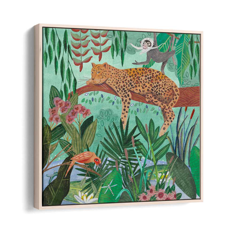 Leopard in the Jungle By Caroline Bonne Muller Wildlife Paintings in Oak Wood Floater Frame