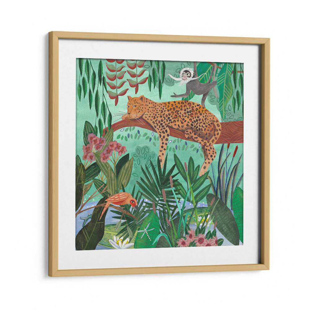 Leopard in the Jungle By Caroline Bonne Muller Wildlife Paintings in Oak Wood Frame With Mount