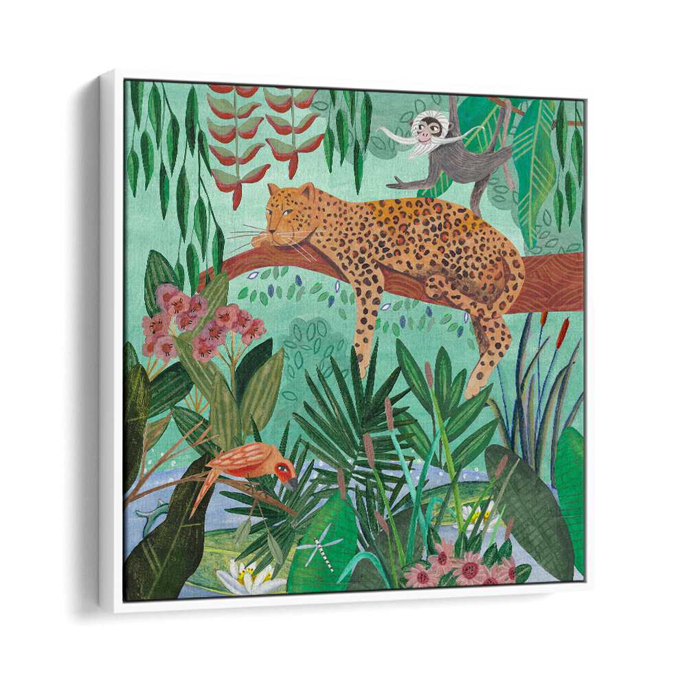 Leopard in the Jungle By Caroline Bonne Muller Wildlife Paintings in White Floater Frame