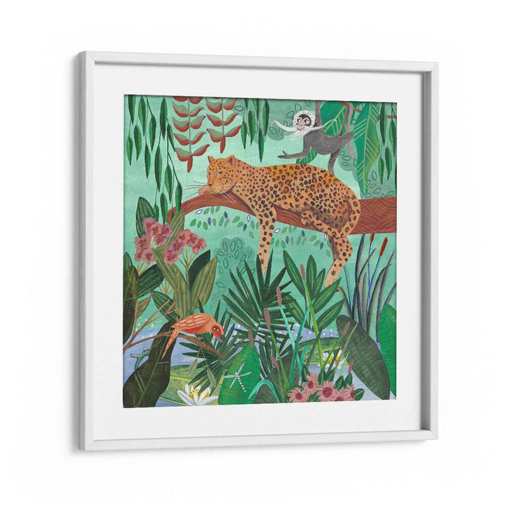 Leopard in the Jungle By Caroline Bonne Muller Wildlife Paintings in White Frame With Mount