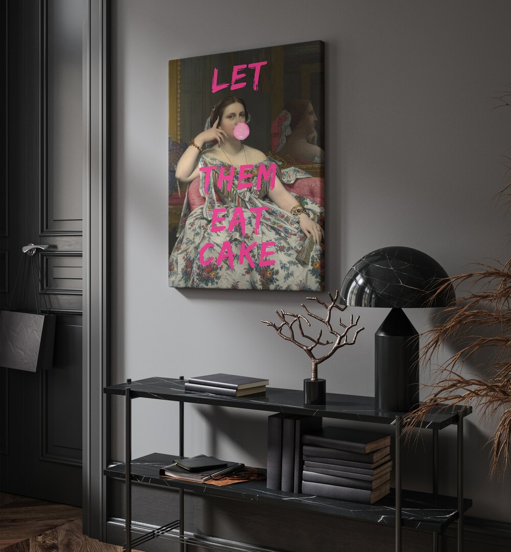 Let Them Eat Cake by the Art Concept Altered Art Prints in Gallery Wrap placed on a wall behind a table and beside a door