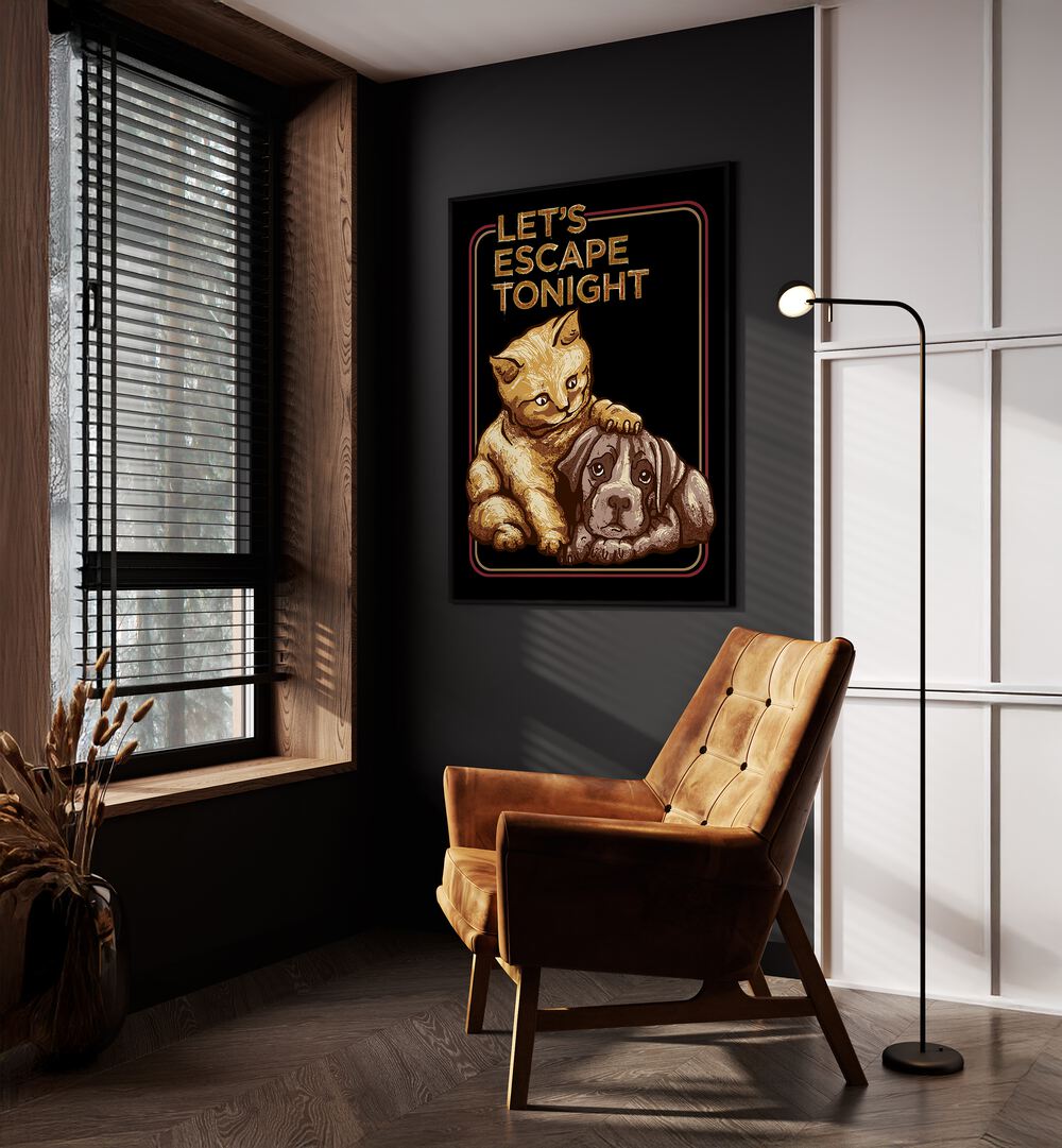 Lets Escape Tonight Quotes Typography Posters in Black Plain Frame placed on a Dark Grey Colored Wall in the Drawing Room