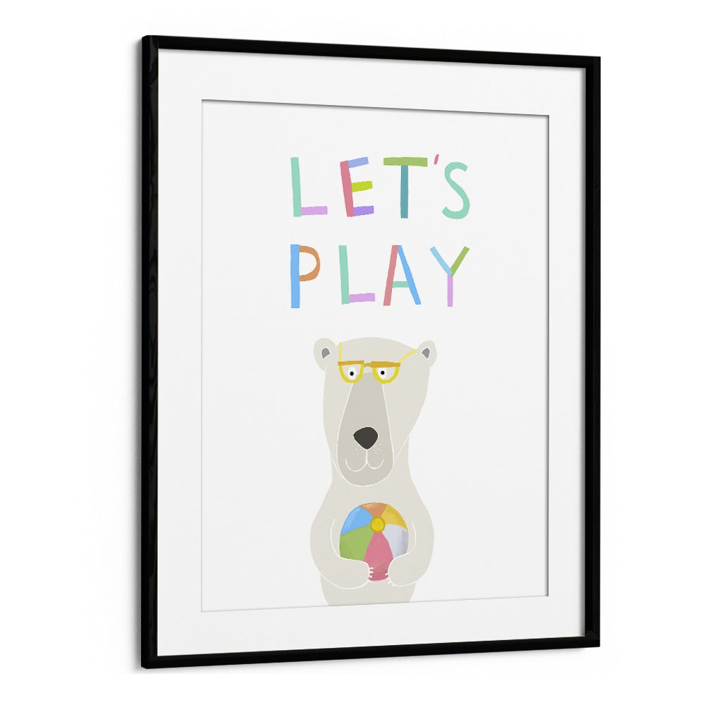 Lets Play With Funny Polar Bear By Carla Daly Kids Painting in Black Frame With Mount