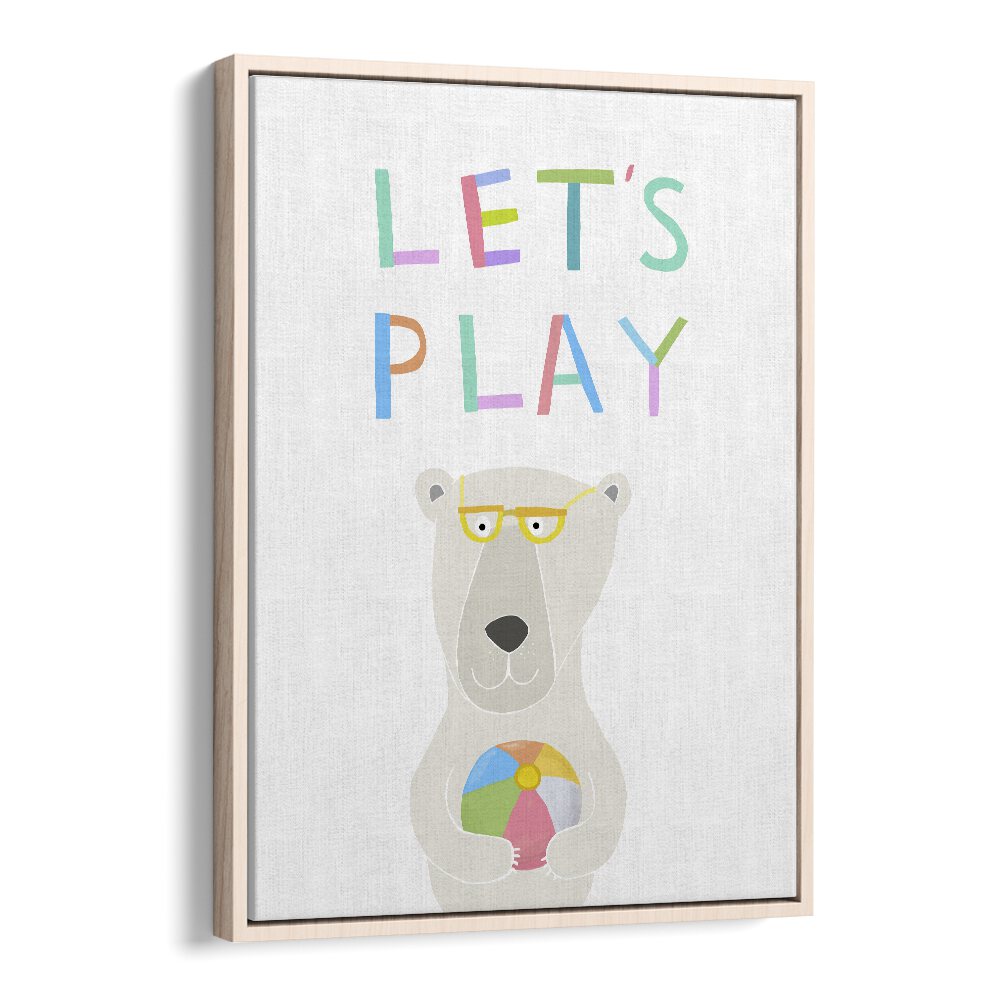 Lets Play With Funny Polar Bear By Carla Daly Kids Painting in Oak Wood Floater Frame