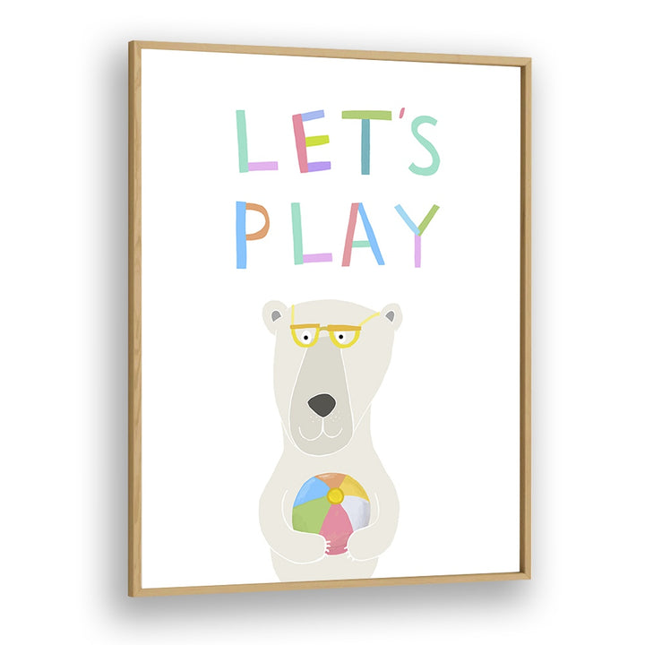 Lets Play With Funny Polar Bear By Carla Daly Kids Painting in Oak Wood Plain Frame