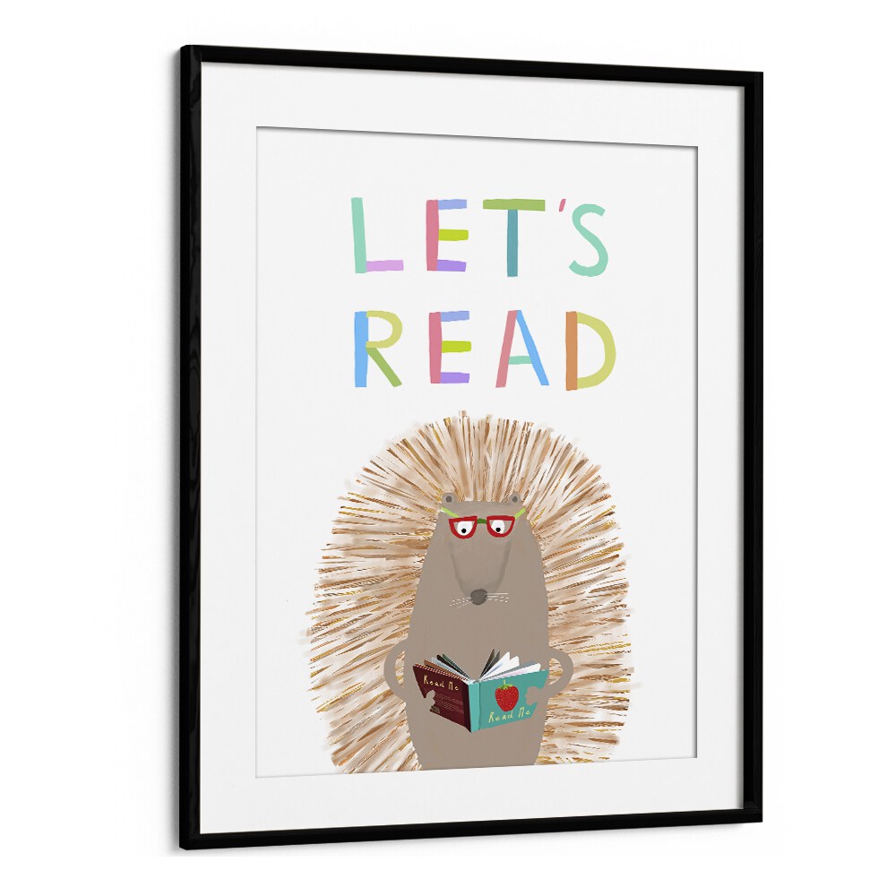 Lets Read With Cute Hedgehog By Carla Daly Kids Painting in Black Frame With Mount