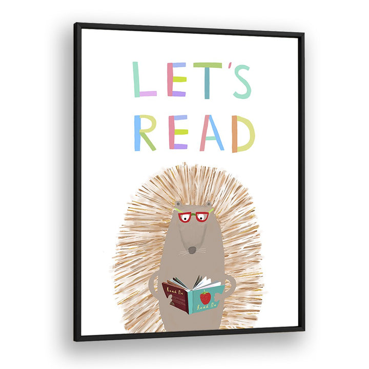 Lets Read With Cute Hedgehog By Carla Daly Kids Painting in Black Plain Frame