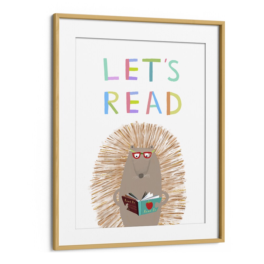 Lets Read With Cute Hedgehog By Carla Daly Kids Painting in Oak Wood Frame With Mount