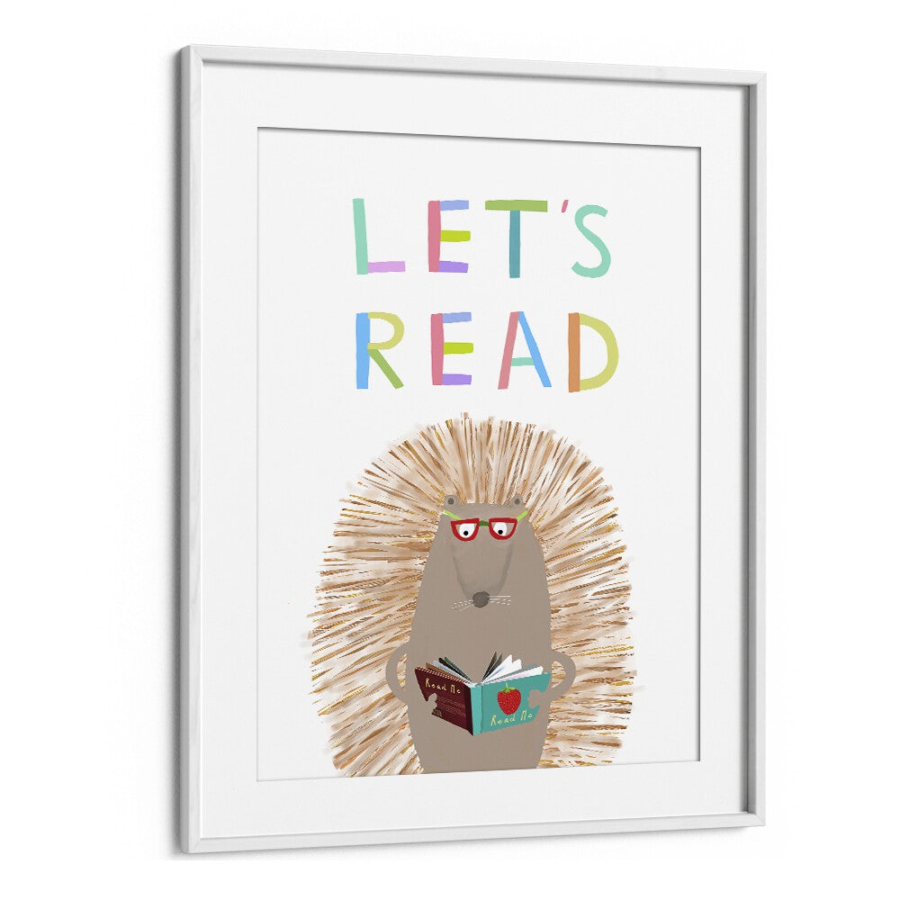 Lets Read With Cute Hedgehog By Carla Daly Kids Painting in White Frame With Mount