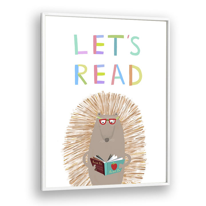 Lets Read With Cute Hedgehog By Carla Daly Kids Painting in White Plain Frame