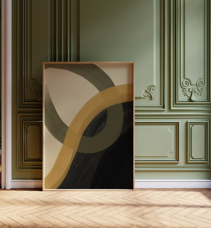 Libet by Yopie Studio Abstract Paintings Abstract Art Prints in Oak Wood Plain Frame placed on the floor beside a window