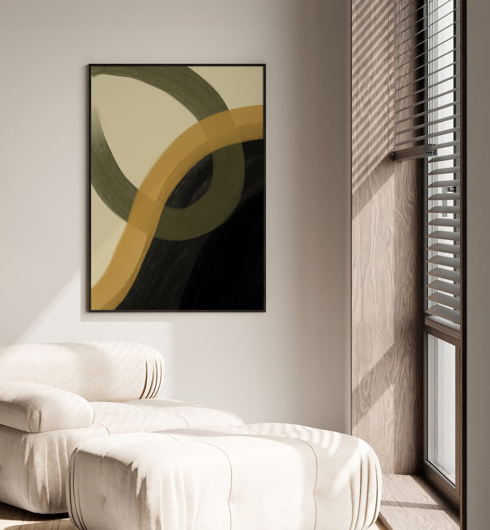 Libet by Yopie Studio Abstract Paintings Abstract Art Prints in Black Plain Frame placed on a wall beside a window and behind a sofa