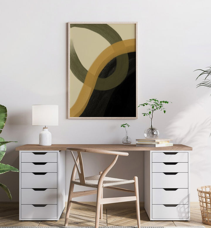 Libet by Yopie Studio Abstract Paintings Abstract Art Prints in Oak Wood Plain Frame placed on a wall behind a study table 