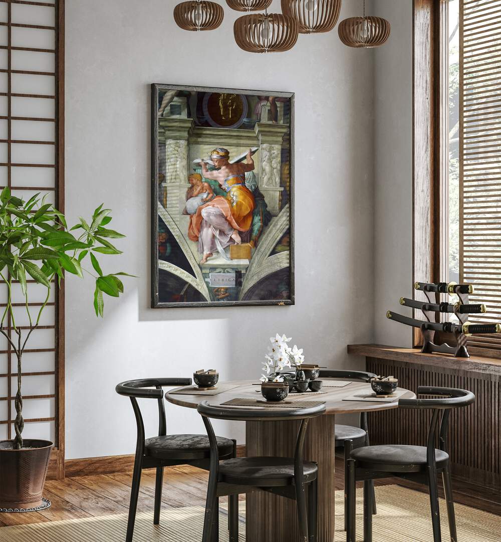 Libyan Sibyles Circa 1511 Vintage Paintings in Black Plain Frame placed on a wall behind a dining table and beside a window for dining area