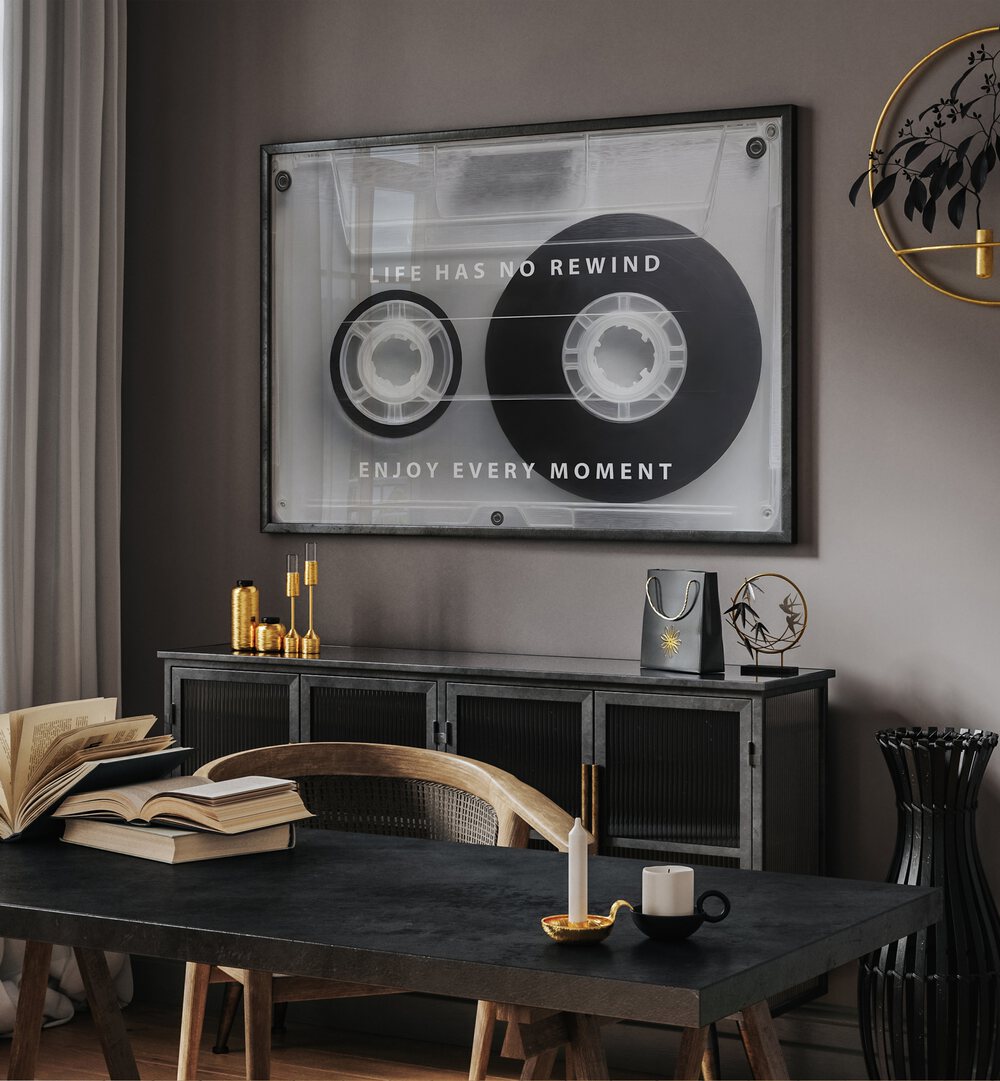 Life Has No Rewind Quotes and Typography Posters in Black Plain Frame placed on a wall in study room behind a console table