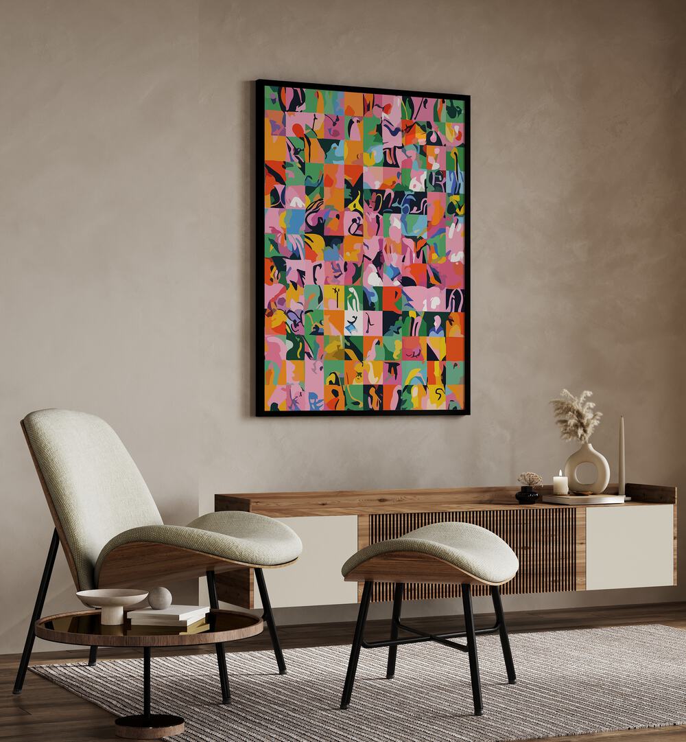 Life On A Checkboard By Uma Gokhale Abstract Paintings in Black Plain Frame  on beige wall above a console table 