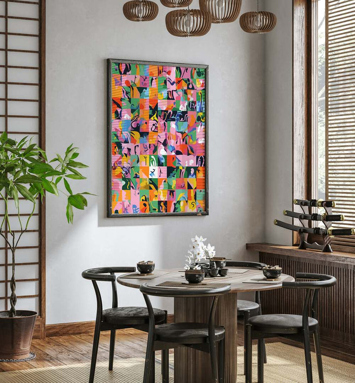 Life On A Checkboard By Uma Gokhale Abstract Paintings in Black Plain Frame on a wall behind a dining table for dining area