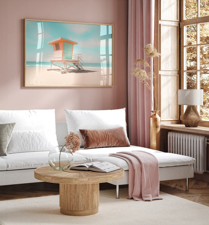 LIFEGUARD TOWER MOODS, BEACH PAINTINGS showcase a vibrant lifeguard tower in a stylish, modern interior setting.