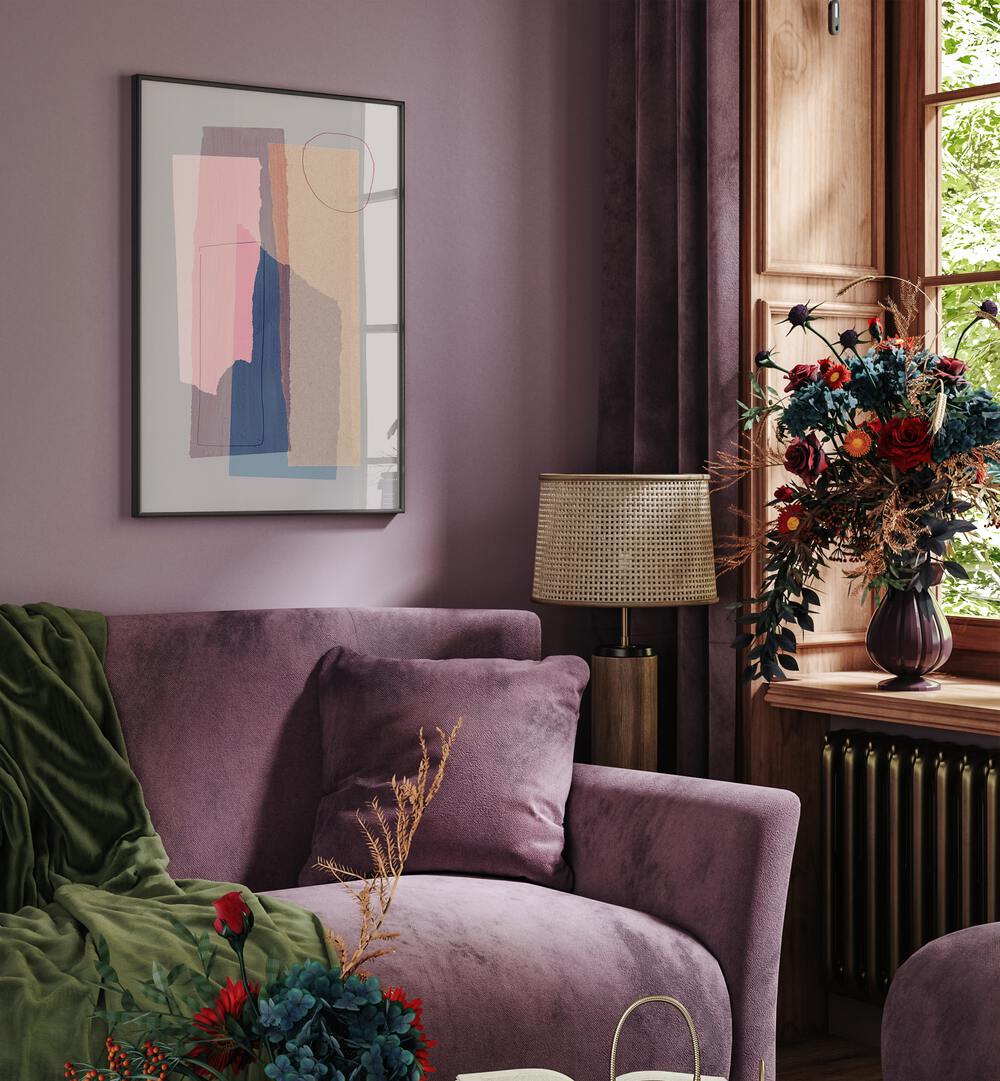 Light Abstraction Pieces By Mareike Bohmer Abstract Art Abstract Paintings in Black Plain Frame placed on a Purple Colored Wall near a Purple Sofa in the Living Room