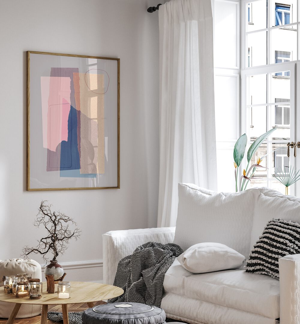 Light Abstraction Pieces By Mareike Bohmer Abstract Art Abstract Paintings in Oak Wood Plain Frame placed on a White Colored Wall near a White Sofa  in the Living Room 