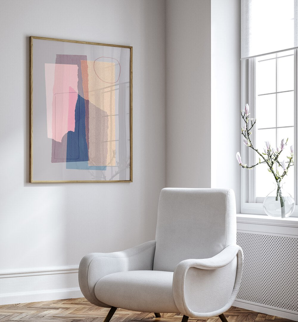 Light Abstraction Pieces By Mareike Bohmer Abstract Art Abstract Paintings in Oak Wood Plain Frame placed on a White Colored Wall in the Drawing Room