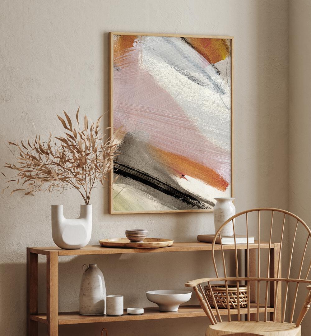 Lights By Dan Hobday Abstract Art Abstract Paintings in Oak Wood Plain Frame placed on a Cream Colored Wall above a Shelf  in the Kitchen