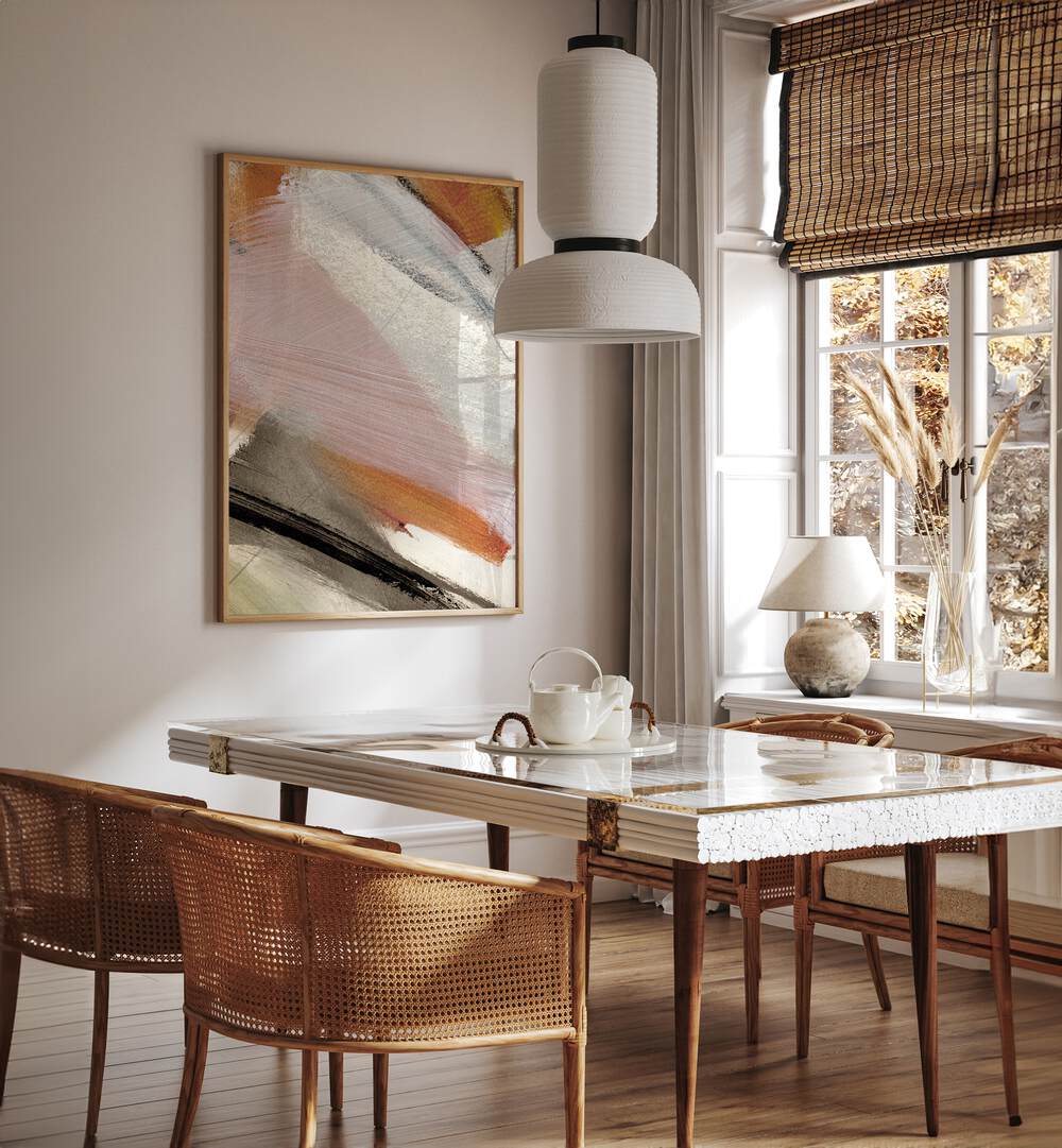 Lights By Dan Hobday Abstract Art Abstract Paintings in Oak Wood Plain Frame placed on a Cream Colored Wall near a Dining Table in the Dining Room