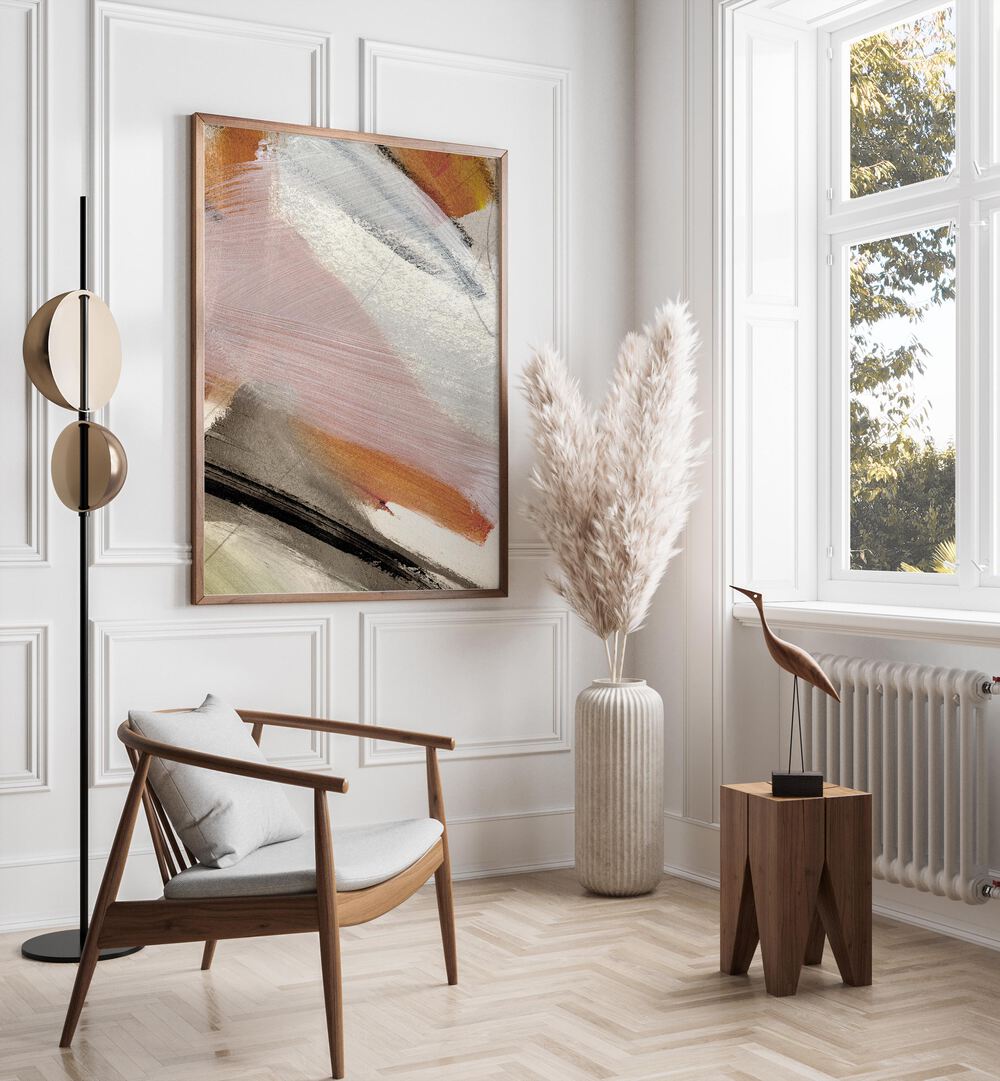 Lights By Dan Hobday Abstract Art Abstract Paintings in Oak Wood Plain Frame placed on a White Colored Wall in the Drawing Room