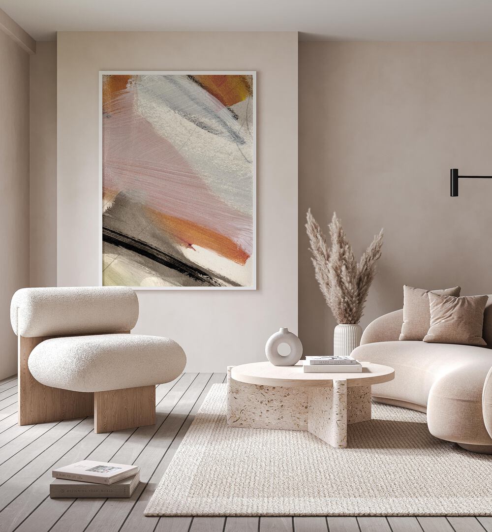 Lights By Dan Hobday Abstract Art Abstract Paintings in White Plain Frame placed on a Beige Colored Wall in the Living Room