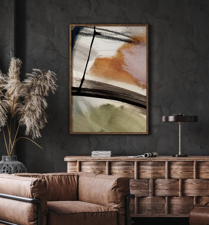 Lights II By Dan Hobday Abstract Art Abstract Paintings in Oak Wood Plain Frame placed on a Dark Grey Colored Wall above a Console Table in the Living Room