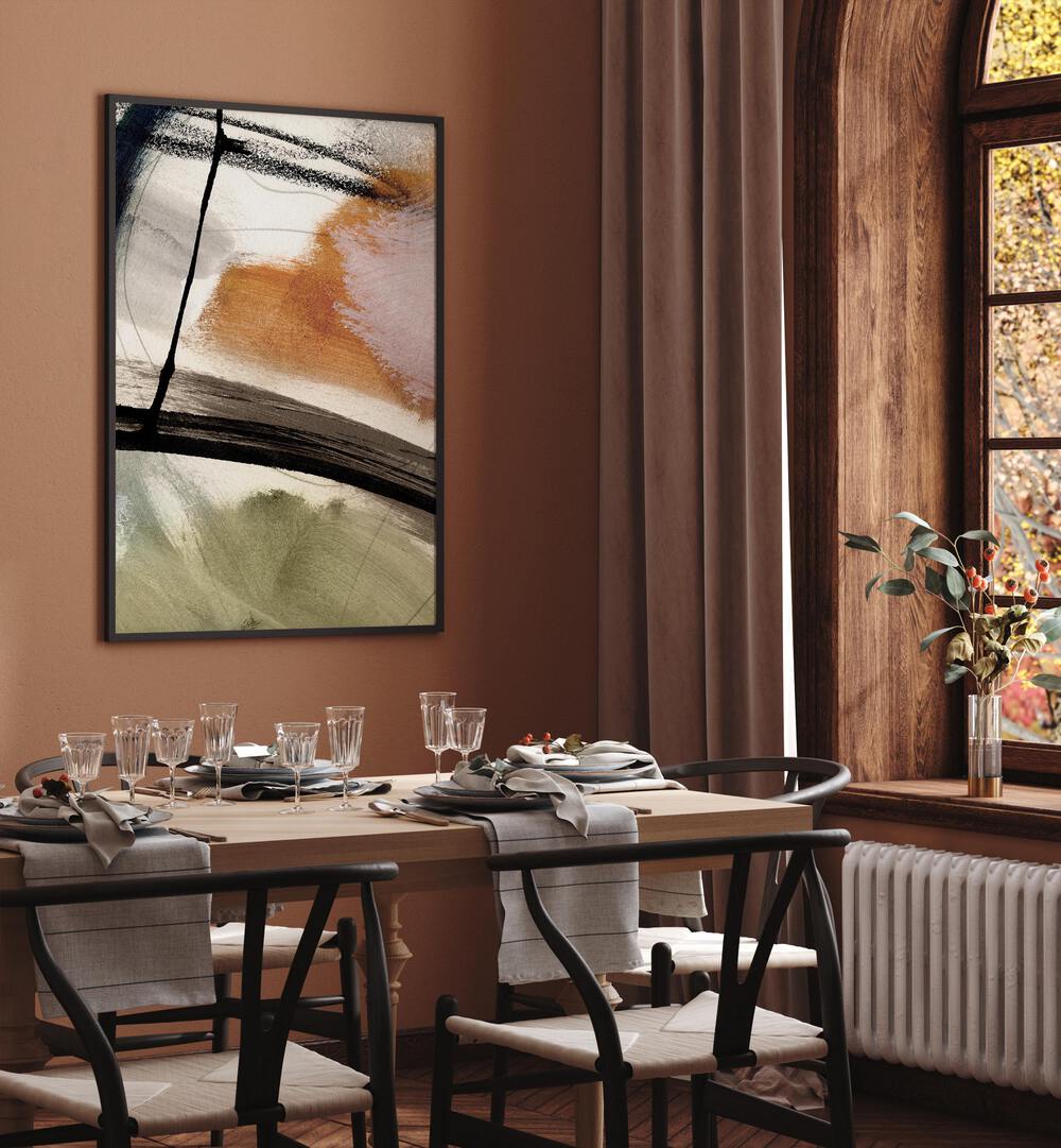 Lights II By Dan Hobday Abstract Art Abstract Paintings in Black Plain Frame placed on a Brown Colored Wall near a Dining Table in the Dining Room