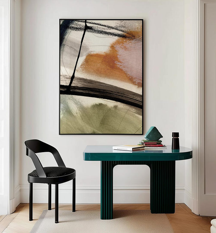 Lights II By Dan Hobday Abstract Art Abstract Paintings in Black Plain Frame placed on a Cream Colored Wall near a Workspace in the Drawing Room