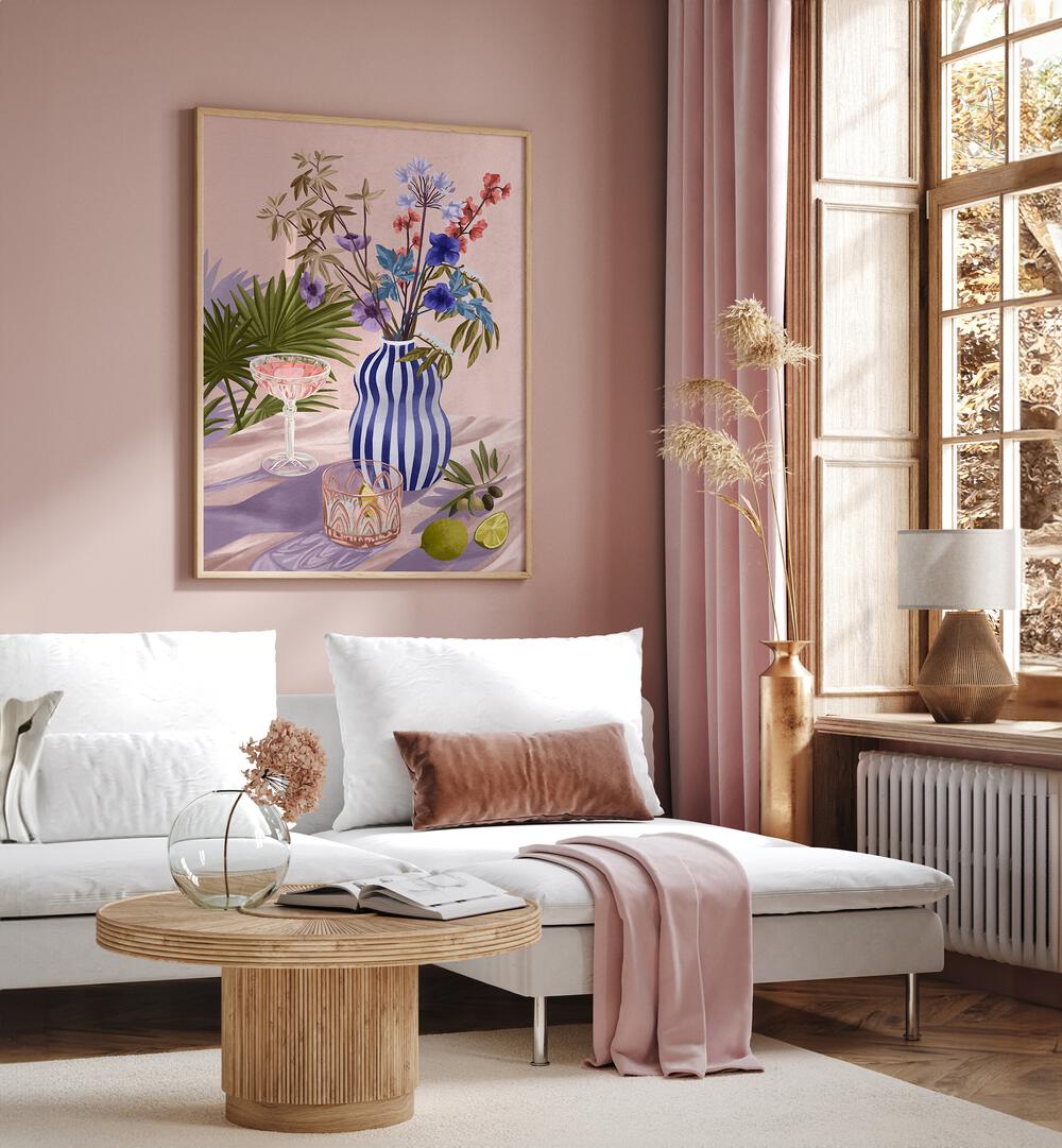 Lilac Summer By Goed Blauw Wall Art Prints in Oak Wood Plain Frame placed on a Pink Colored Wall near a White Sofa in the Living Room